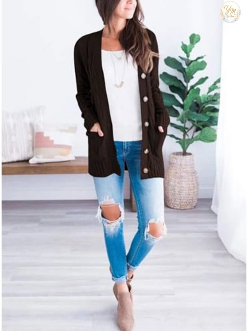 Women Chunky Cable Knit Button Down Open Front Cardigan Sweater - Picture 5 of 6